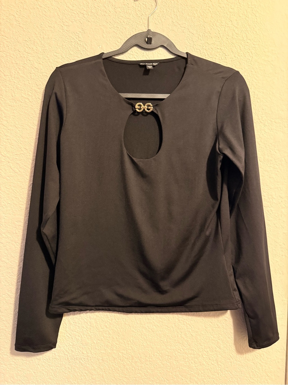 Guess Women's Black Double Layered Long-Sleeve Keyhole Top with Gold Hardware